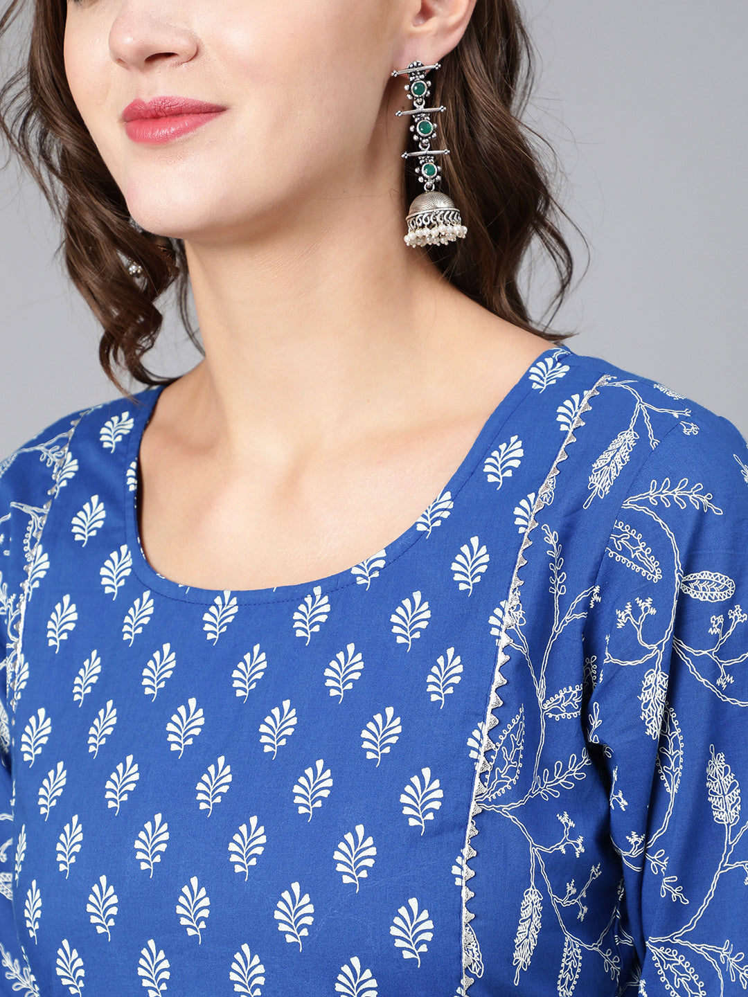 Women Blue Printed Flared Kurta With Trouser And Dupatta | LASVINI - Redefining Indian Fashion with Elegance