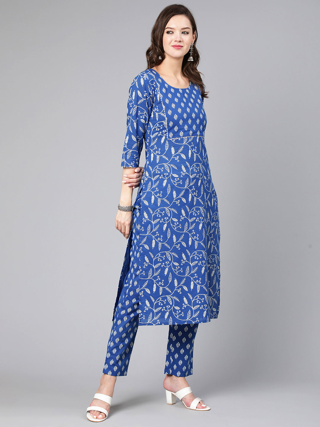 Women Blue Printed Flared Kurta With Trouser And Dupatta | LASVINI - Redefining Indian Fashion with Elegance