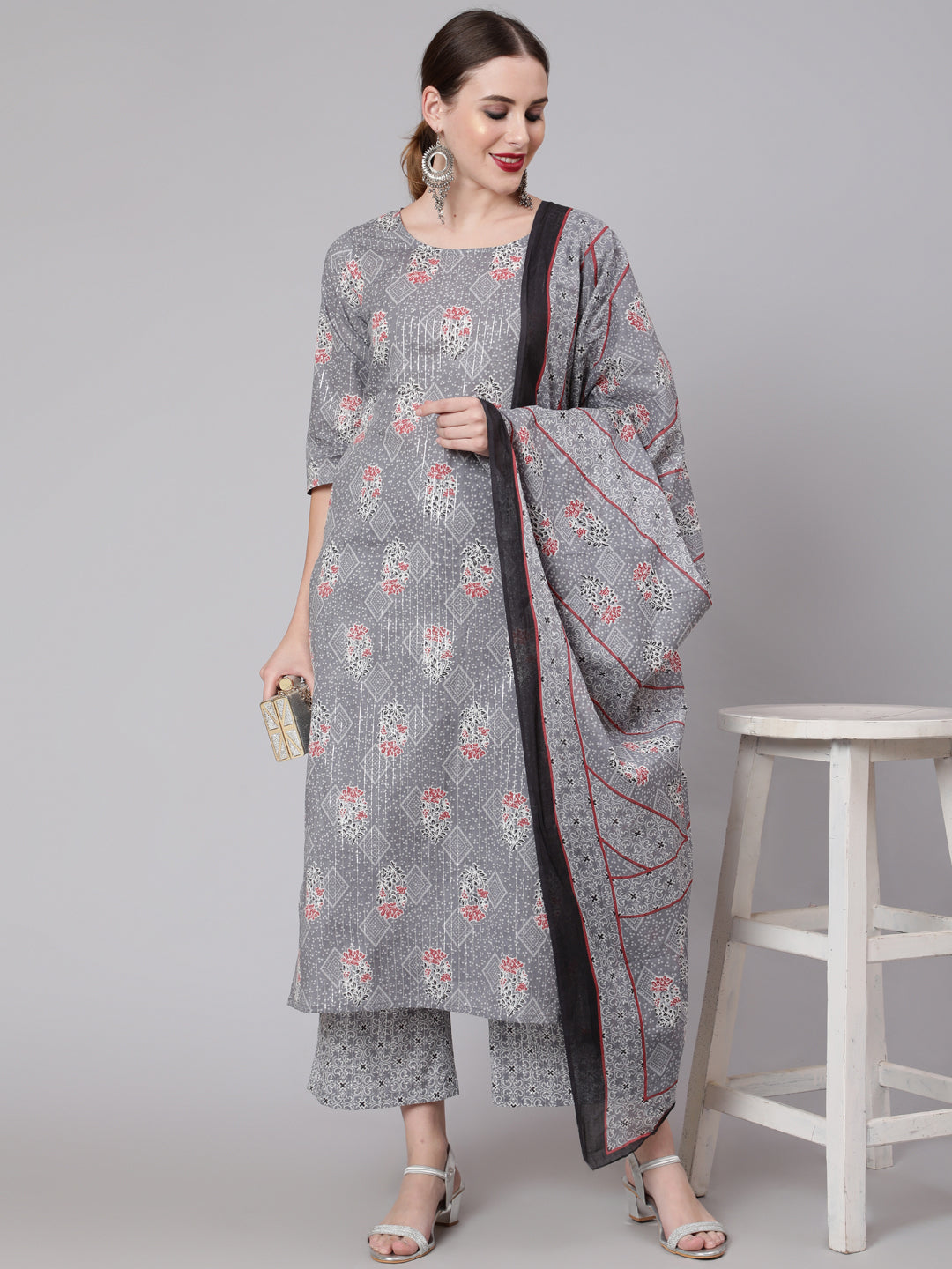 Women Grey Silver Striped Printed Kurta With Palazzo And Dupatta | LASVINI - Redefining Indian Fashion with Elegance