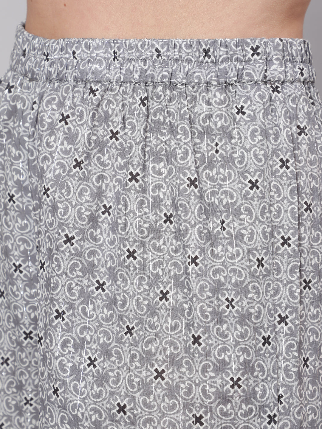 Women Grey Silver Striped Printed Kurta With Palazzo And Dupatta | LASVINI - Redefining Indian Fashion with Elegance