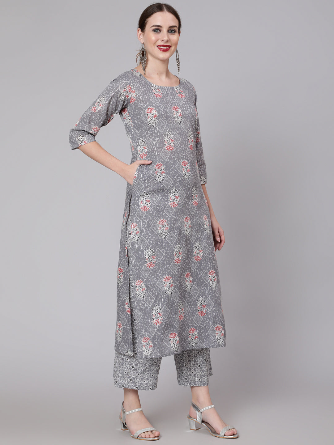 Women Grey Silver Striped Printed Kurta With Palazzo And Dupatta | LASVINI - Redefining Indian Fashion with Elegance