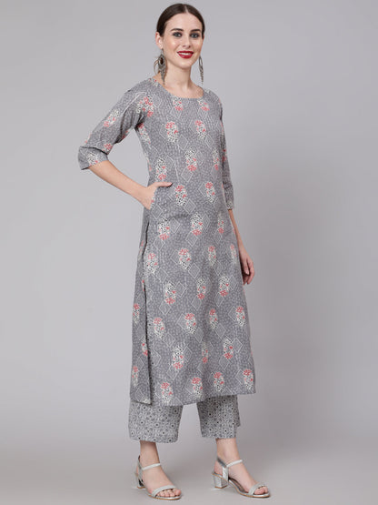 Women Grey Silver Striped Printed Kurta With Palazzo And Dupatta | LASVINI - Redefining Indian Fashion with Elegance