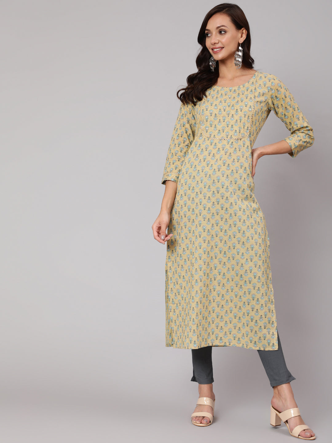 Women Yellow Thread Work Printed Straight Kurta With Three Quarter Sleeves | LASVINI - Redefining Indian Fashion with Elegance