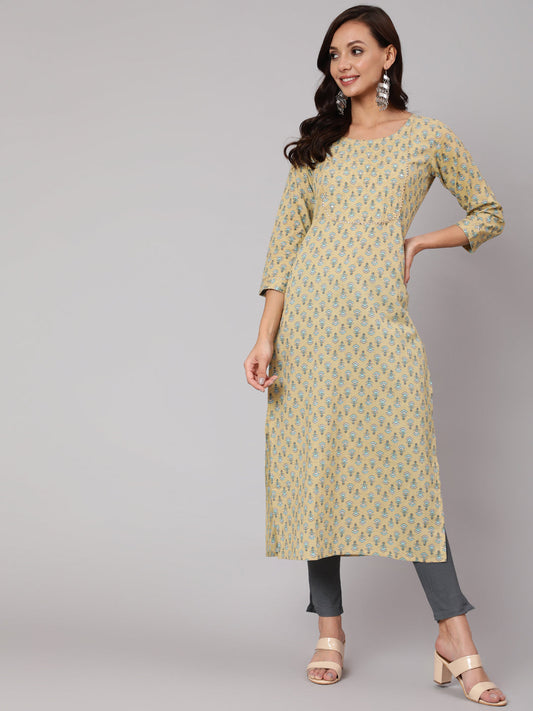 Women Yellow Thread Work Printed Straight Kurta With Three Quarter Sleeves | LASVINI - Redefining Indian Fashion with Elegance