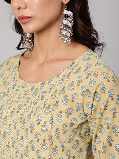 Women Yellow Thread Work Printed Straight Kurta With Three Quarter Sleeves | LASVINI - Redefining Indian Fashion with Elegance