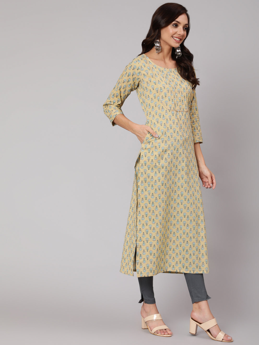 Women Yellow Thread Work Printed Straight Kurta With Three Quarter Sleeves | LASVINI - Redefining Indian Fashion with Elegance