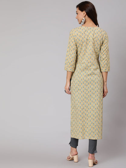 Women Yellow Thread Work Printed Straight Kurta With Three Quarter Sleeves | LASVINI - Redefining Indian Fashion with Elegance