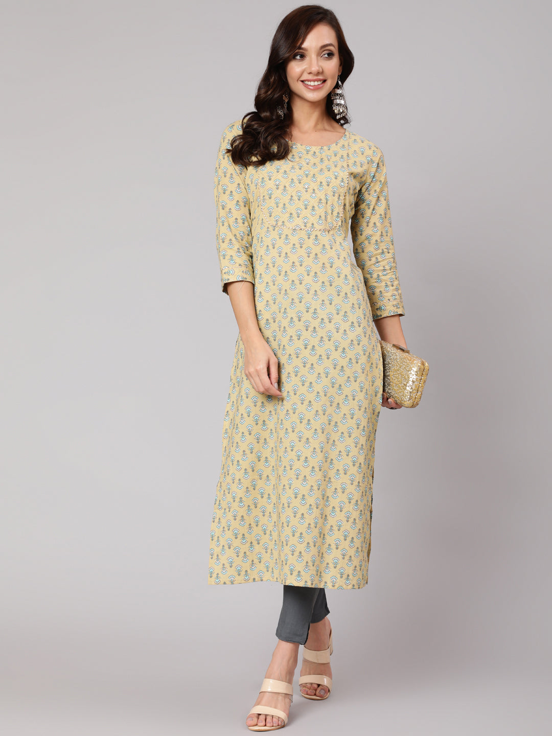 Women Yellow Thread Work Printed Straight Kurta With Three Quarter Sleeves | LASVINI - Redefining Indian Fashion with Elegance
