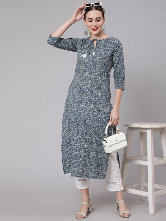 Women Blue Paisley Printed Straight Kurta With Three Quarter Sleeves | LASVINI - Redefining Indian Fashion with Elegance