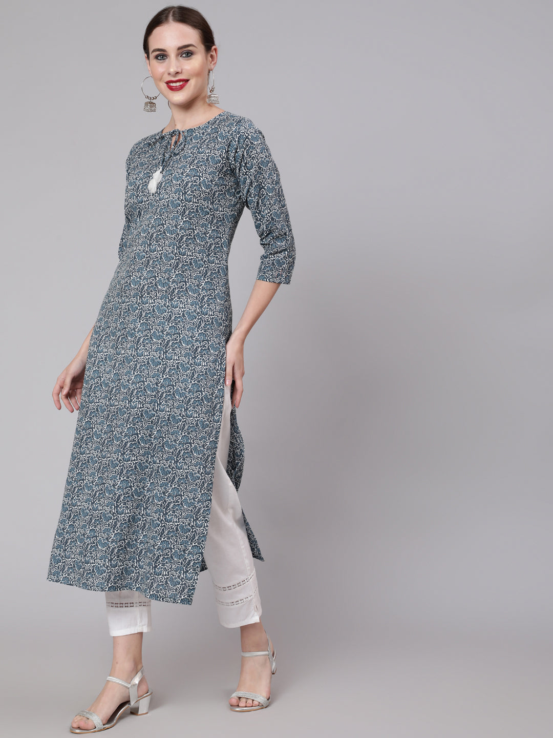 Women Blue Paisley Printed Straight Kurta With Three Quarter Sleeves | LASVINI - Redefining Indian Fashion with Elegance