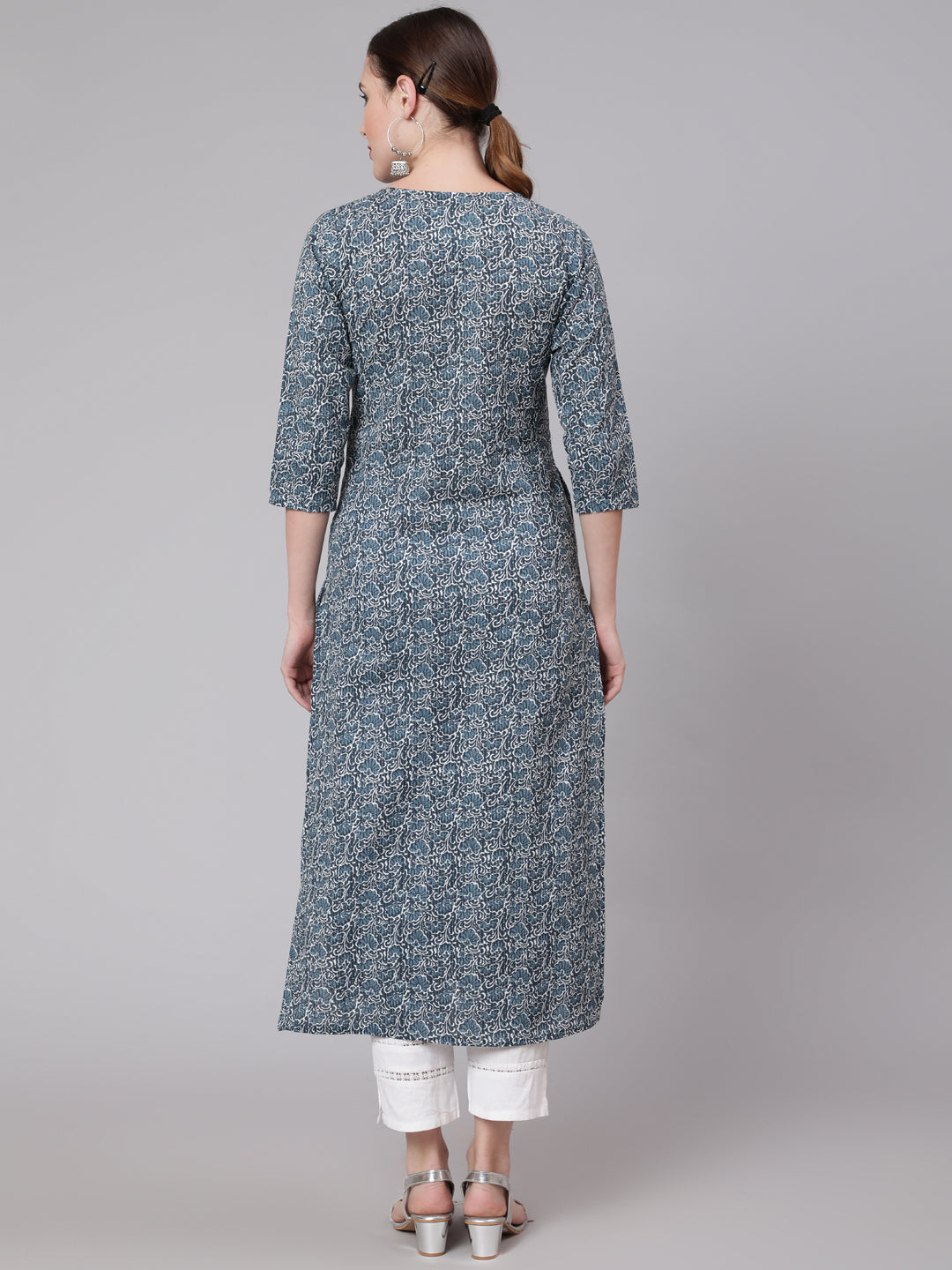 Women Blue Paisley Printed Straight Kurta With Three Quarter Sleeves | LASVINI - Redefining Indian Fashion with Elegance