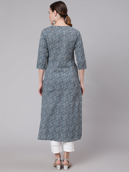 Women Blue Paisley Printed Straight Kurta With Three Quarter Sleeves | LASVINI - Redefining Indian Fashion with Elegance
