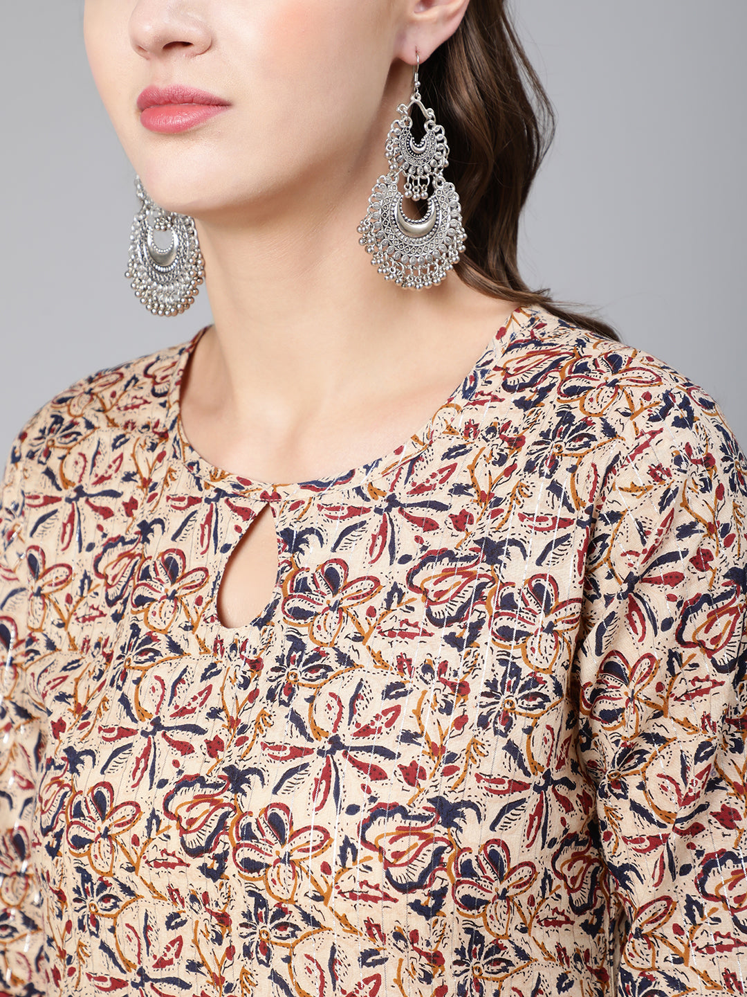 Women Cream Abstract Printed Straight Kurta With Key Hole Neck | LASVINI - Redefining Indian Fashion with Elegance