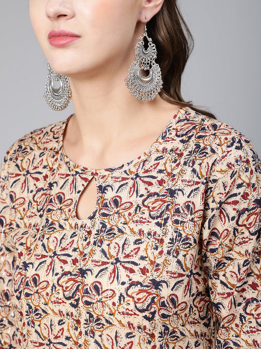 Women Cream Abstract Printed Straight Kurta With Key Hole Neck | LASVINI - Redefining Indian Fashion with Elegance