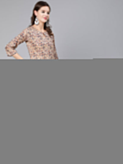 Women Cream Abstract Printed Straight Kurta With Key Hole Neck | LASVINI - Redefining Indian Fashion with Elegance