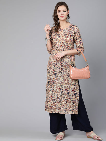 Women Cream Abstract Printed Straight Kurta With Key Hole Neck | LASVINI - Redefining Indian Fashion with Elegance