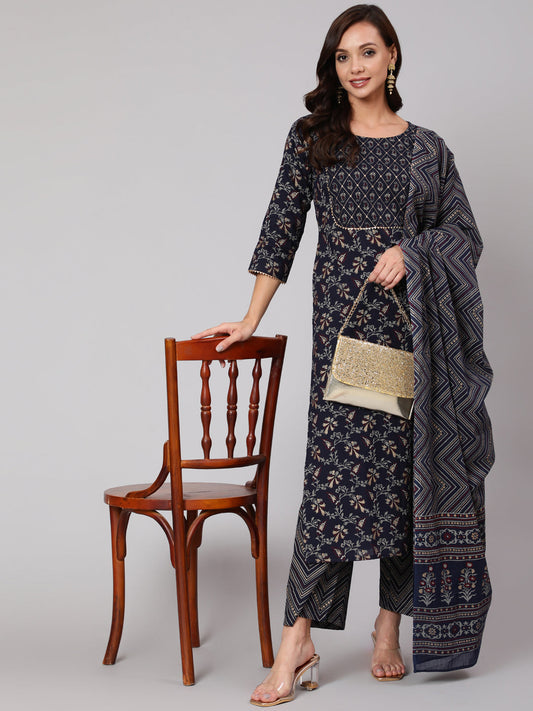 Women Navy Blue Ethnic Printed Straight Kurta With Palazzo And Dupatta | LASVINI - Redefining Indian Fashion with Elegance