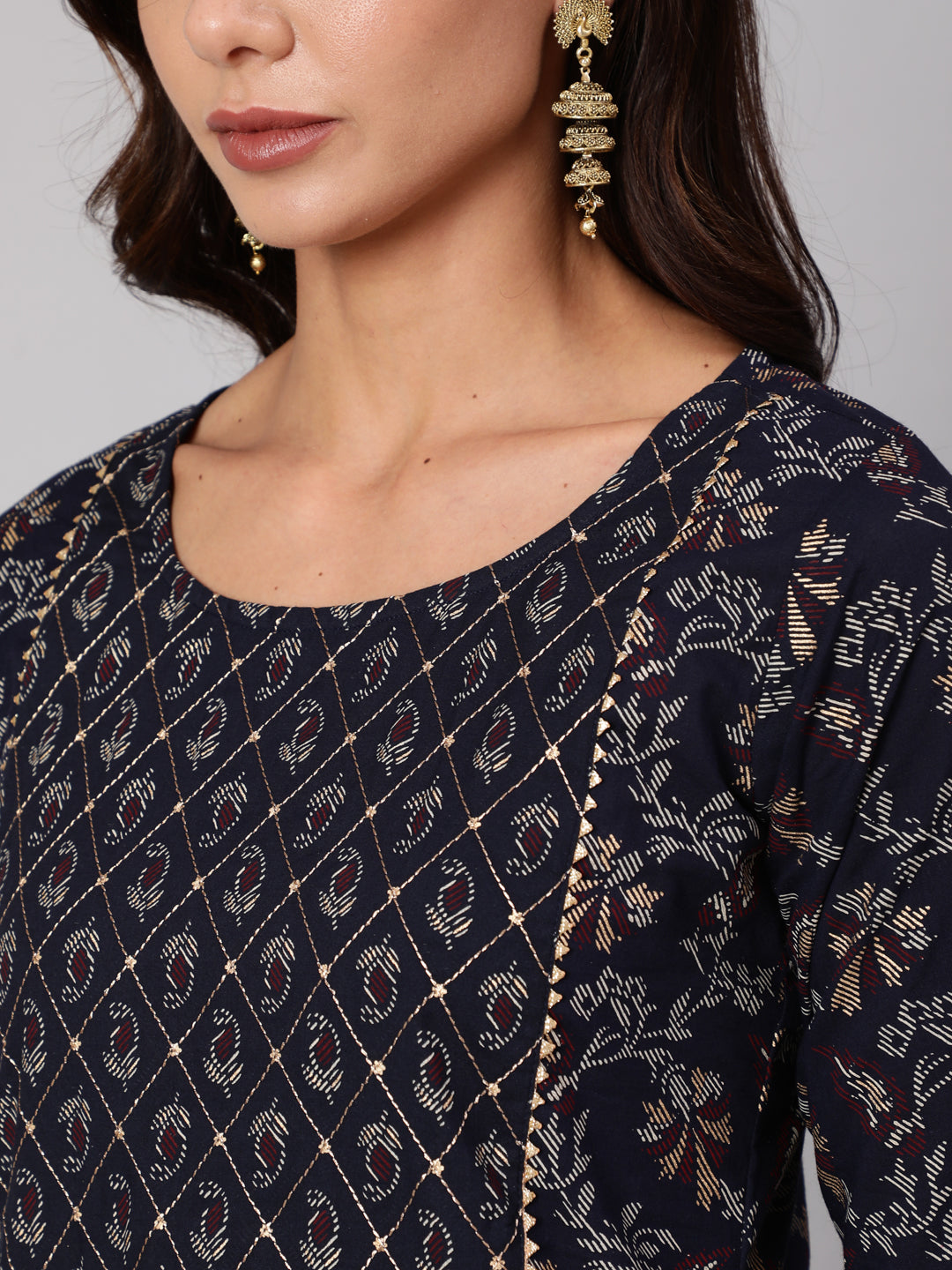 Women Navy Blue Ethnic Printed Straight Kurta With Palazzo And Dupatta | LASVINI - Redefining Indian Fashion with Elegance