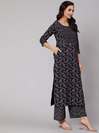 Women Navy Blue Ethnic Printed Straight Kurta With Palazzo And Dupatta | LASVINI - Redefining Indian Fashion with Elegance