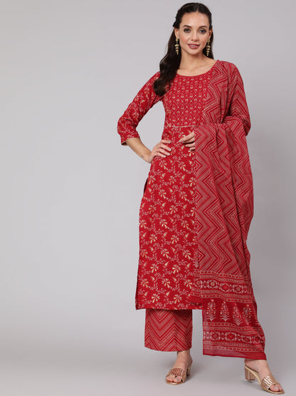 Women Maroon Ethnic Printed Straight Kurta With Palazzo And Dupatta | LASVINI - Redefining Indian Fashion with Elegance