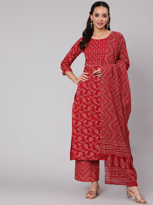 Women Maroon Ethnic Printed Straight Kurta With Palazzo And Dupatta | LASVINI - Redefining Indian Fashion with Elegance
