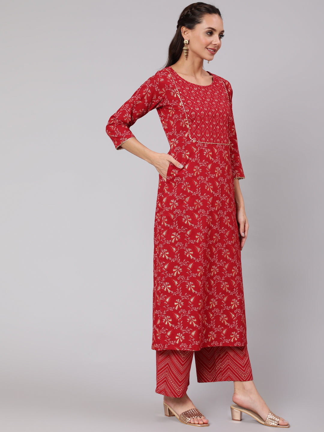 Women Maroon Ethnic Printed Straight Kurta With Palazzo And Dupatta | LASVINI - Redefining Indian Fashion with Elegance