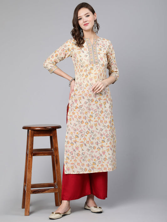 Women Cream Floral Printed Staight Kurta With Three Quarter Sleeves | LASVINI - Redefining Indian Fashion with Elegance