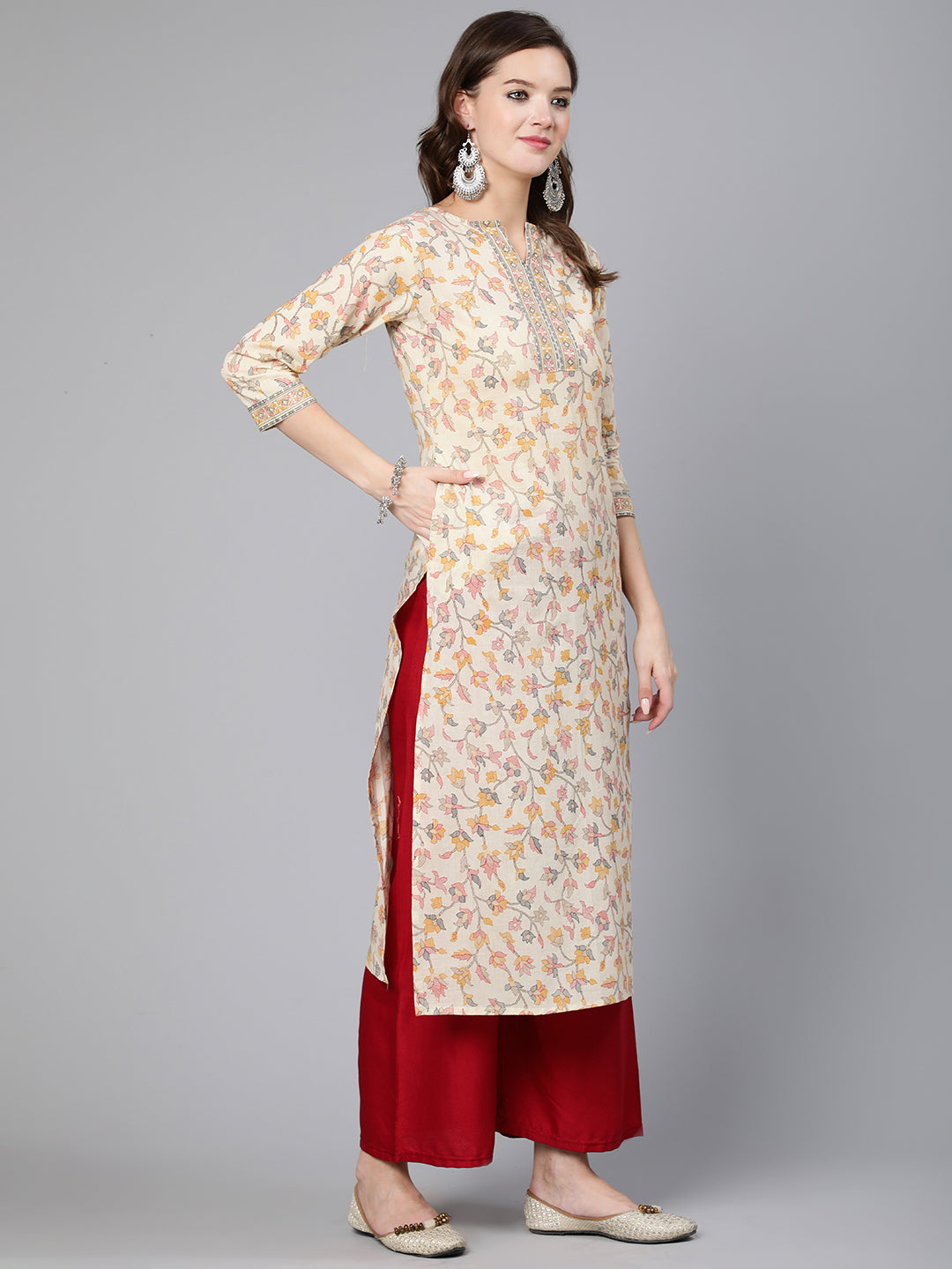 Women Cream Floral Printed Staight Kurta With Three Quarter Sleeves | LASVINI - Redefining Indian Fashion with Elegance