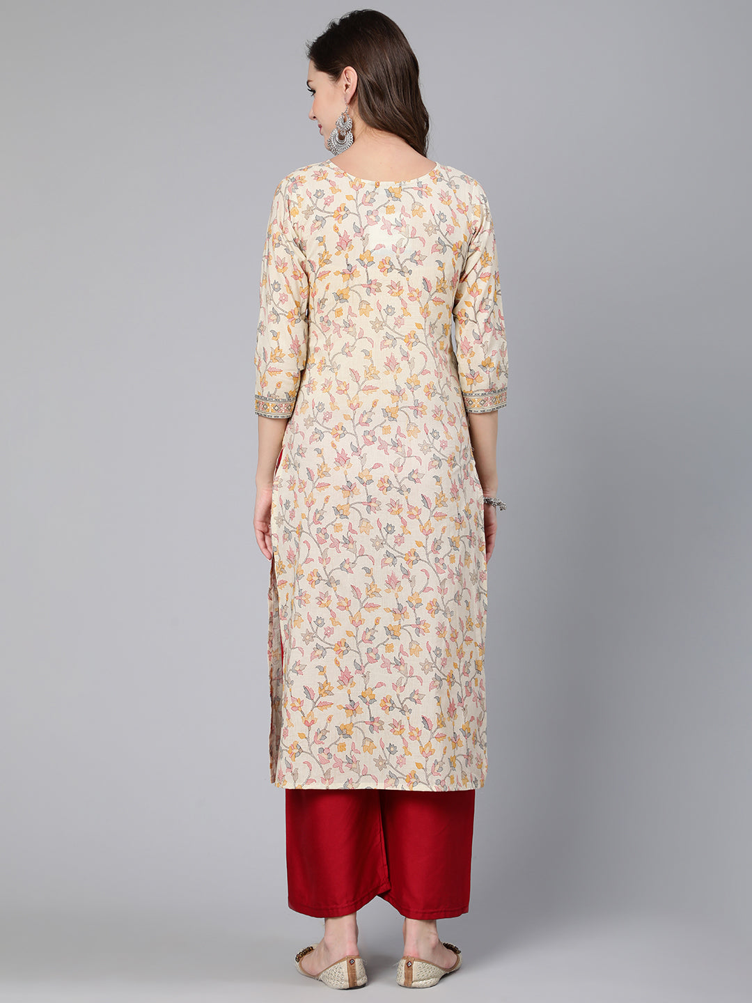 Women Cream Floral Printed Staight Kurta With Three Quarter Sleeves | LASVINI - Redefining Indian Fashion with Elegance