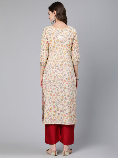 Women Cream Floral Printed Staight Kurta With Three Quarter Sleeves | LASVINI - Redefining Indian Fashion with Elegance