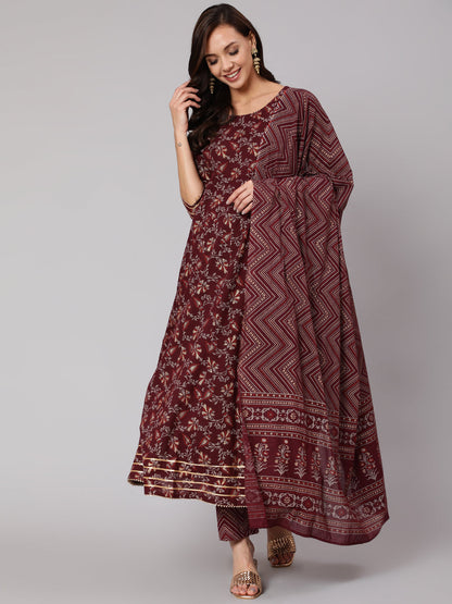 Women Burgundy Printed Flared Kurta With Trouser And Dupatta | LASVINI - Redefining Indian Fashion with Elegance