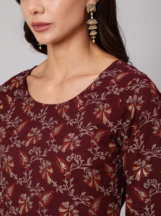 Women Burgundy Printed Flared Kurta With Trouser And Dupatta | LASVINI - Redefining Indian Fashion with Elegance