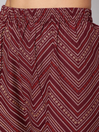 Women Burgundy Printed Flared Kurta With Trouser And Dupatta | LASVINI - Redefining Indian Fashion with Elegance