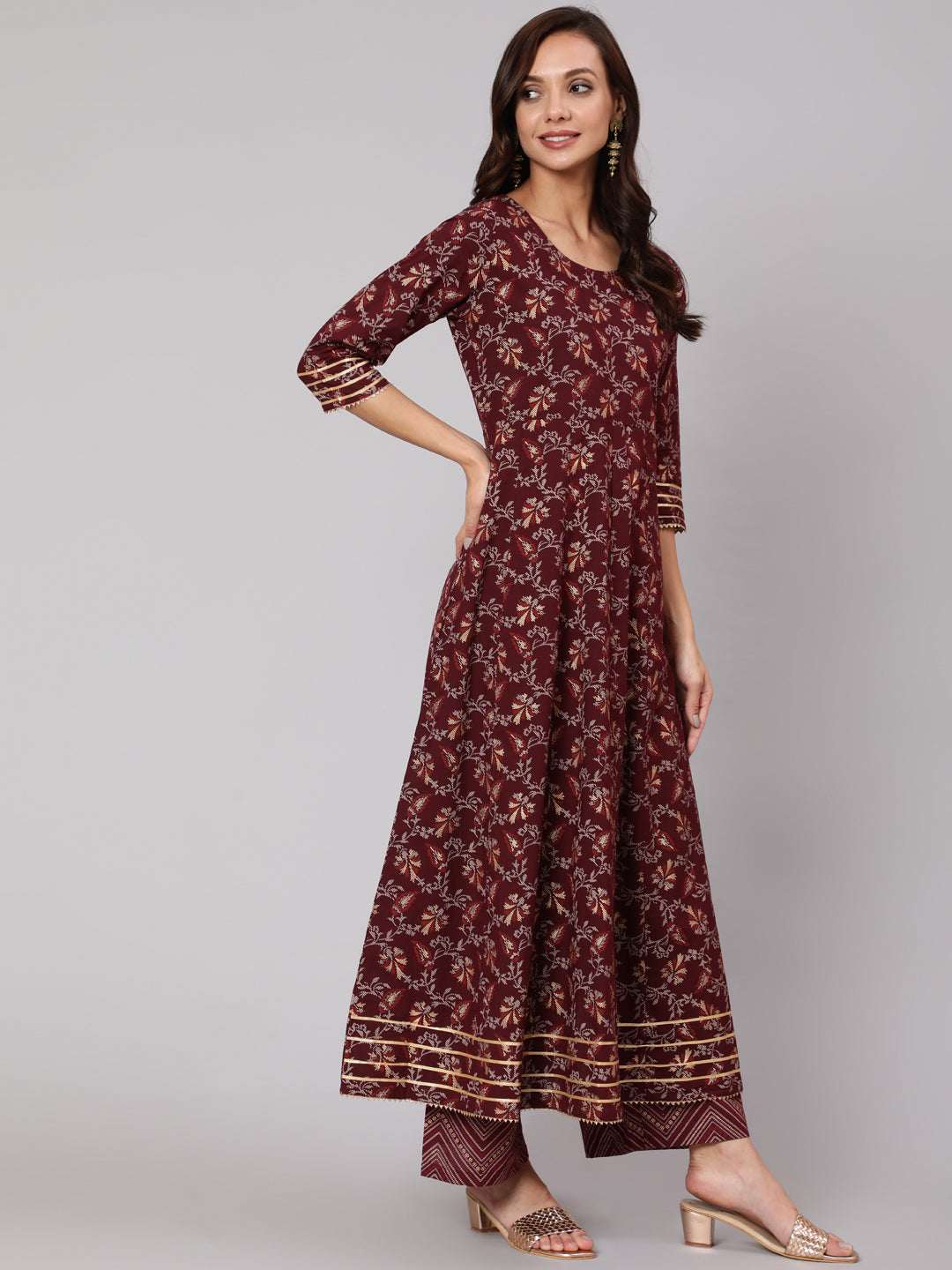 Women Burgundy Printed Flared Kurta With Trouser And Dupatta | LASVINI - Redefining Indian Fashion with Elegance