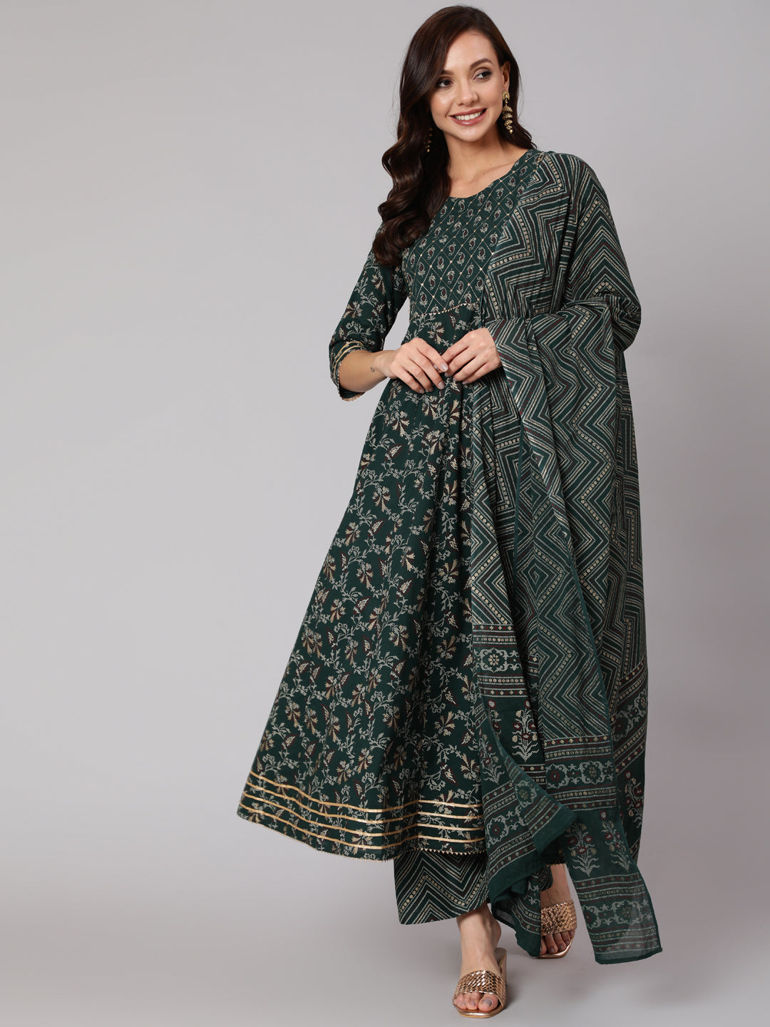 Women Green Printed Flared Kurta With Trouser And Dupatta | LASVINI - Redefining Indian Fashion with Elegance