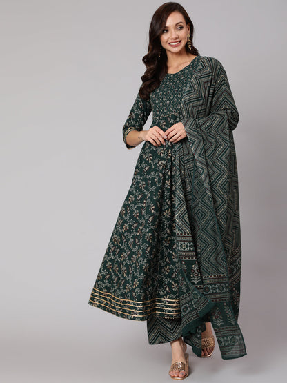 Women Green Printed Flared Kurta With Trouser And Dupatta | LASVINI - Redefining Indian Fashion with Elegance