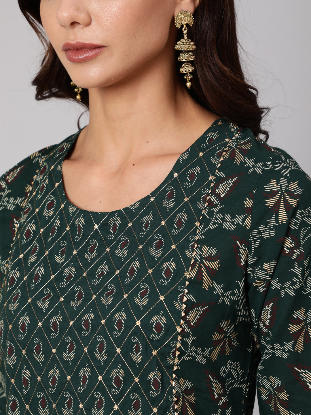 Women Green Printed Flared Kurta With Trouser And Dupatta | LASVINI - Redefining Indian Fashion with Elegance