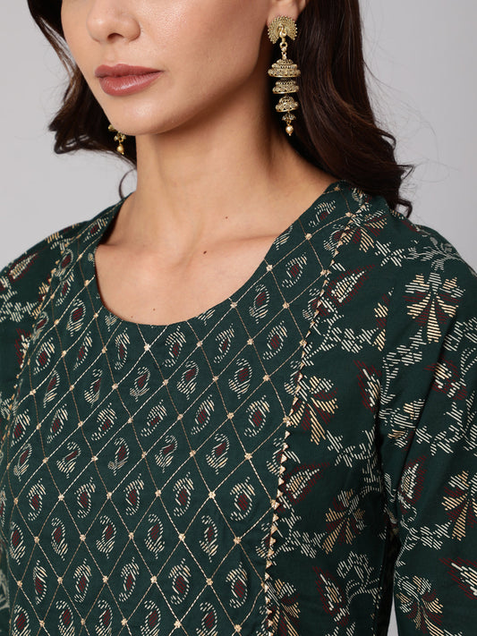 Women Green Printed Flared Kurta With Trouser And Dupatta | LASVINI - Redefining Indian Fashion with Elegance