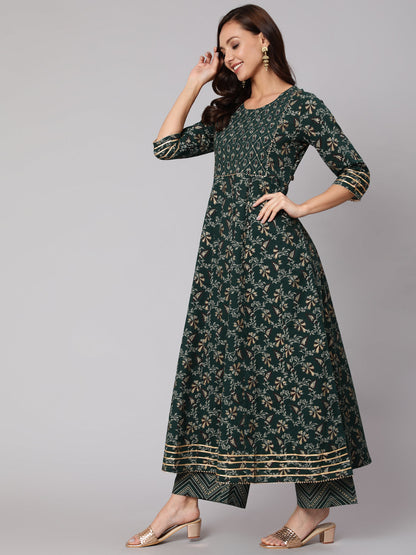 Women Green Printed Flared Kurta With Trouser And Dupatta | LASVINI - Redefining Indian Fashion with Elegance