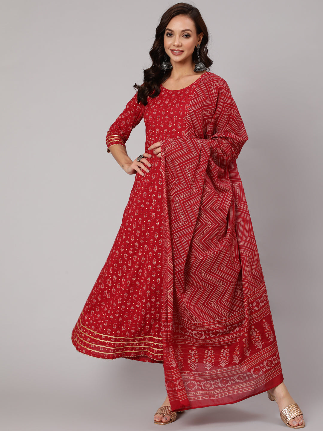 Women Red Printed Flared Kurta With Trouser And Dupatta | LASVINI - Redefining Indian Fashion with Elegance