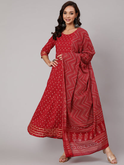 Women Red Printed Flared Kurta With Trouser And Dupatta | LASVINI - Redefining Indian Fashion with Elegance