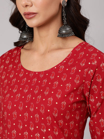 Women Red Printed Flared Kurta With Trouser And Dupatta | LASVINI - Redefining Indian Fashion with Elegance
