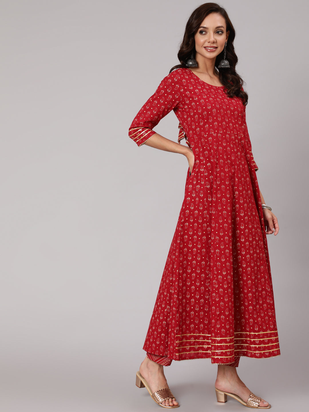 Women Red Printed Flared Kurta With Trouser And Dupatta | LASVINI - Redefining Indian Fashion with Elegance