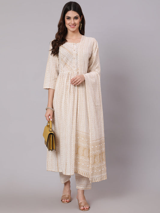 Women White & Gold Sequence Yoke Kurta With Trouser And Dupatta | LASVINI - Redefining Indian Fashion with Elegance