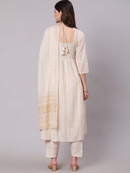 Women White & Gold Sequence Yoke Kurta With Trouser And Dupatta | LASVINI - Redefining Indian Fashion with Elegance