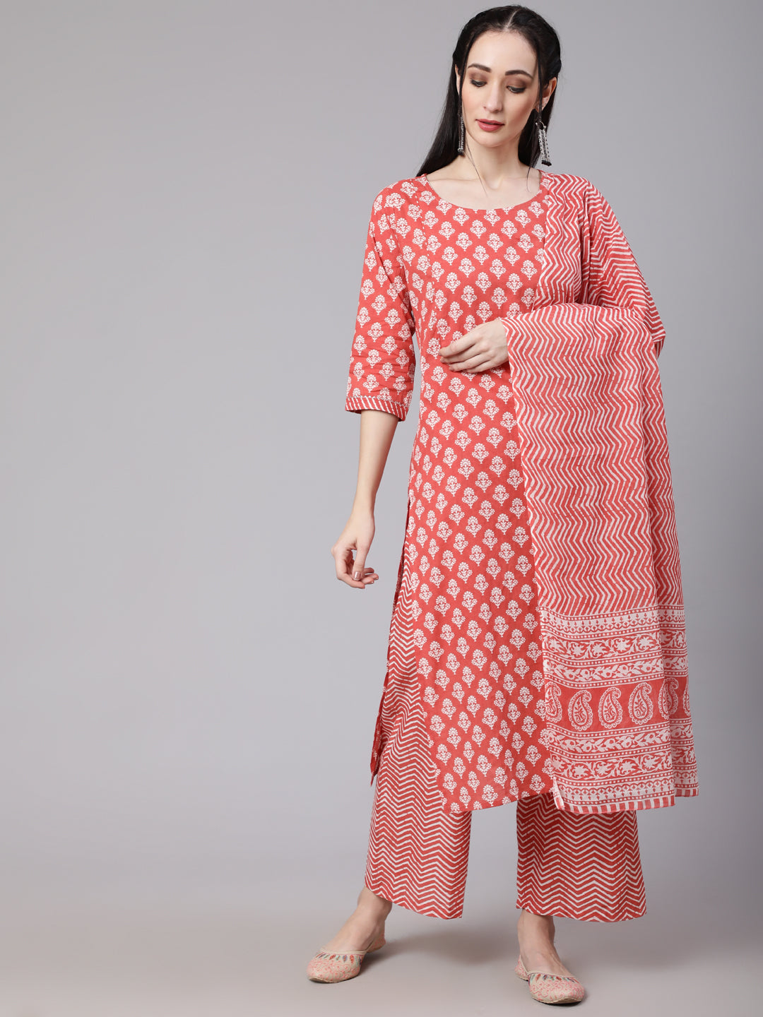 Women Rust Ethnic Printed Kurta With Palazzo And Dupatta | LASVINI - Redefining Indian Fashion with Elegance