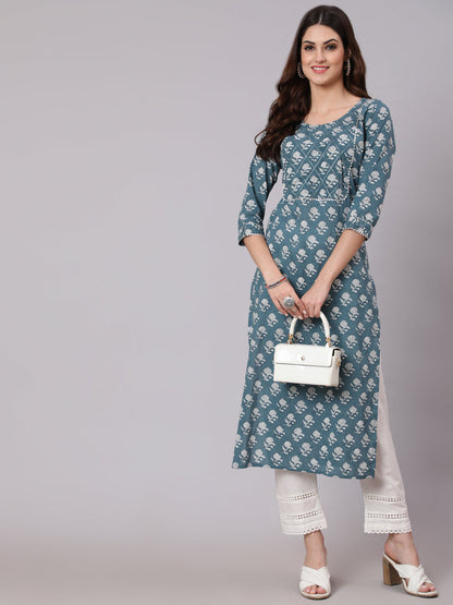Women Grey Ethnic Printed Straight Kurta With Three Quarter Sleeves | LASVINI - Redefining Indian Fashion with Elegance