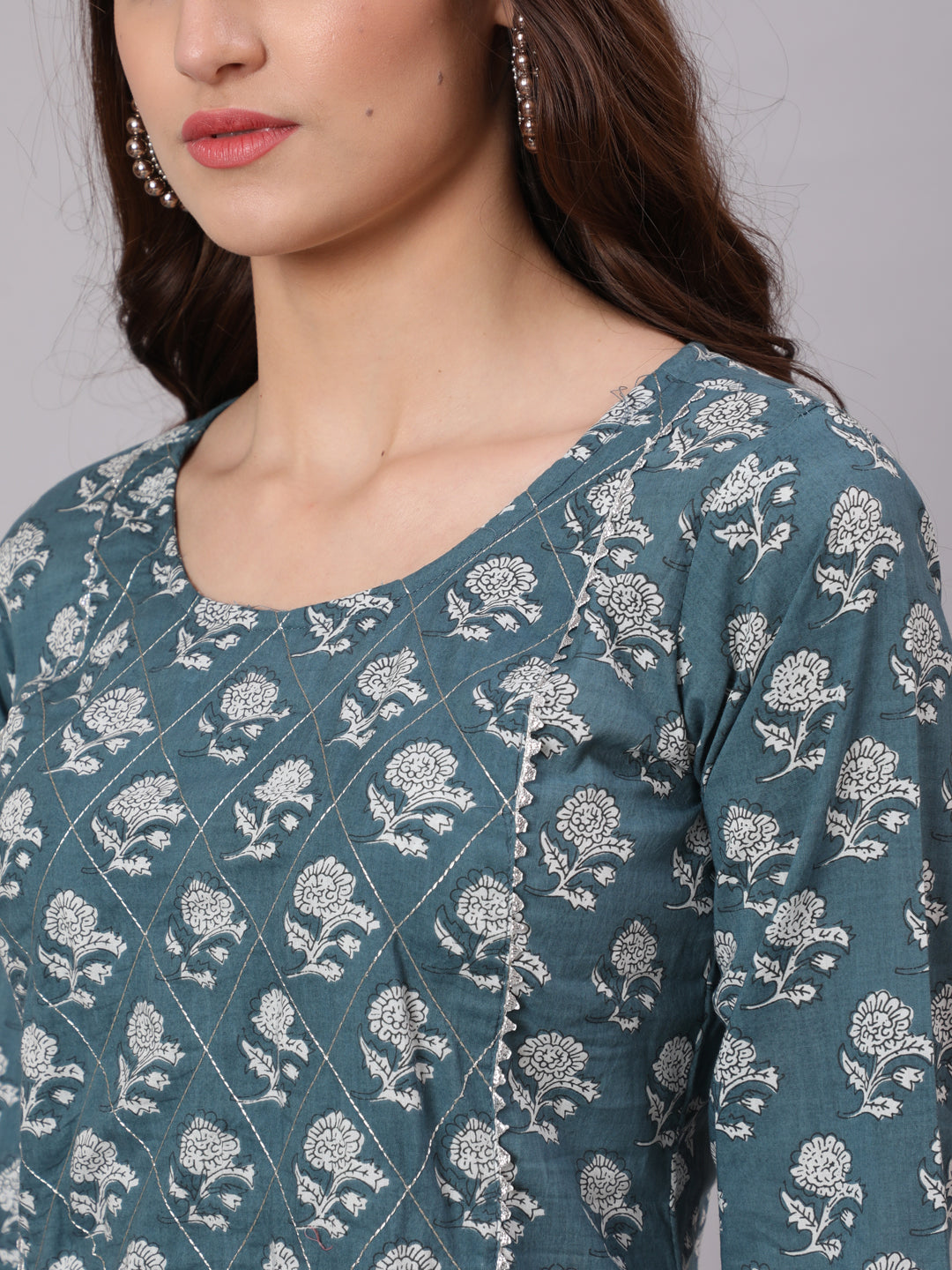 Women Grey Ethnic Printed Straight Kurta With Three Quarter Sleeves | LASVINI - Redefining Indian Fashion with Elegance