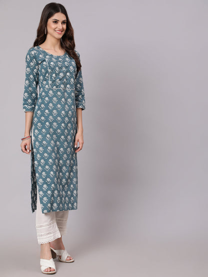 Women Grey Ethnic Printed Straight Kurta With Three Quarter Sleeves | LASVINI - Redefining Indian Fashion with Elegance