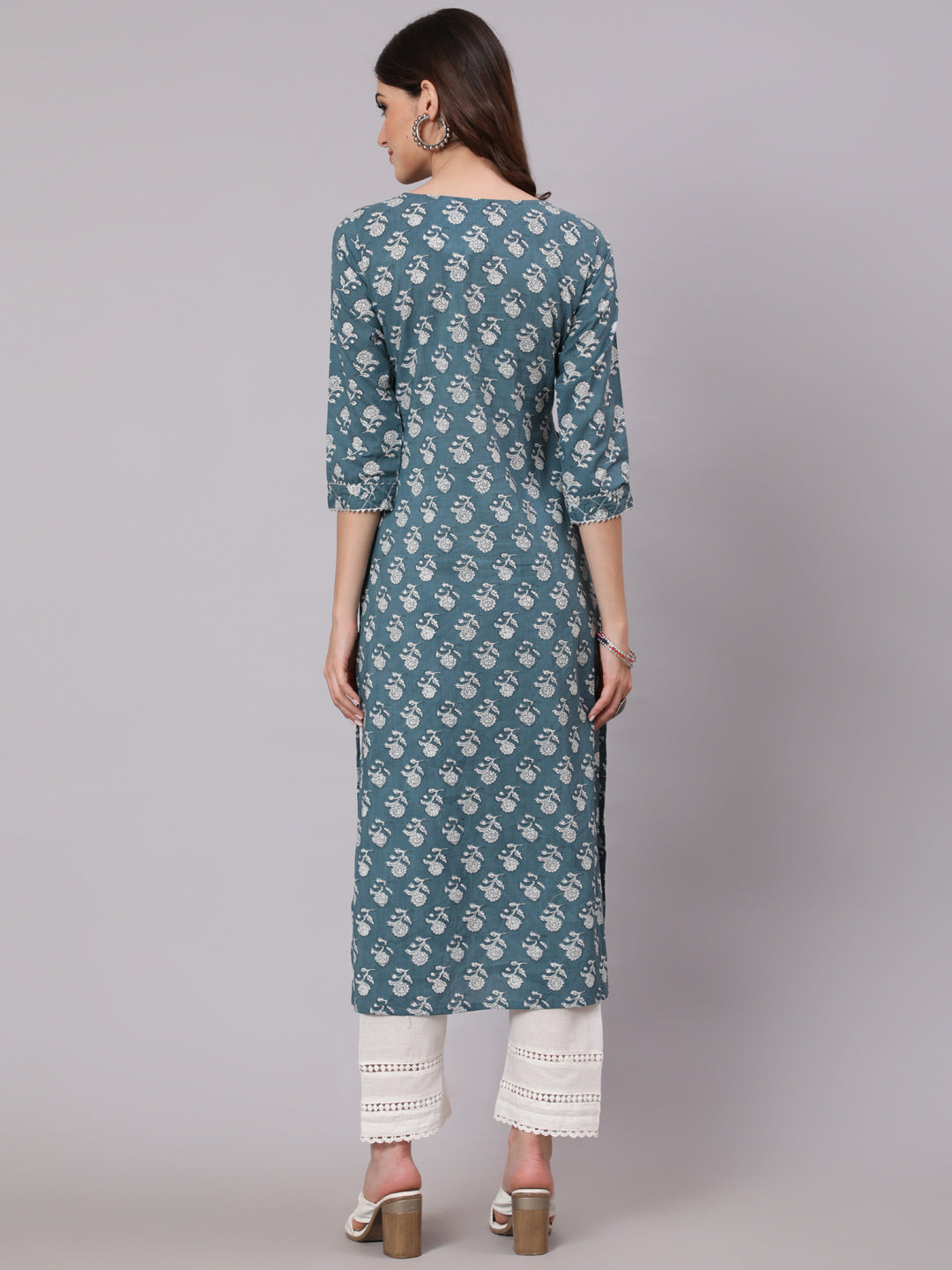 Women Grey Ethnic Printed Straight Kurta With Three Quarter Sleeves | LASVINI - Redefining Indian Fashion with Elegance